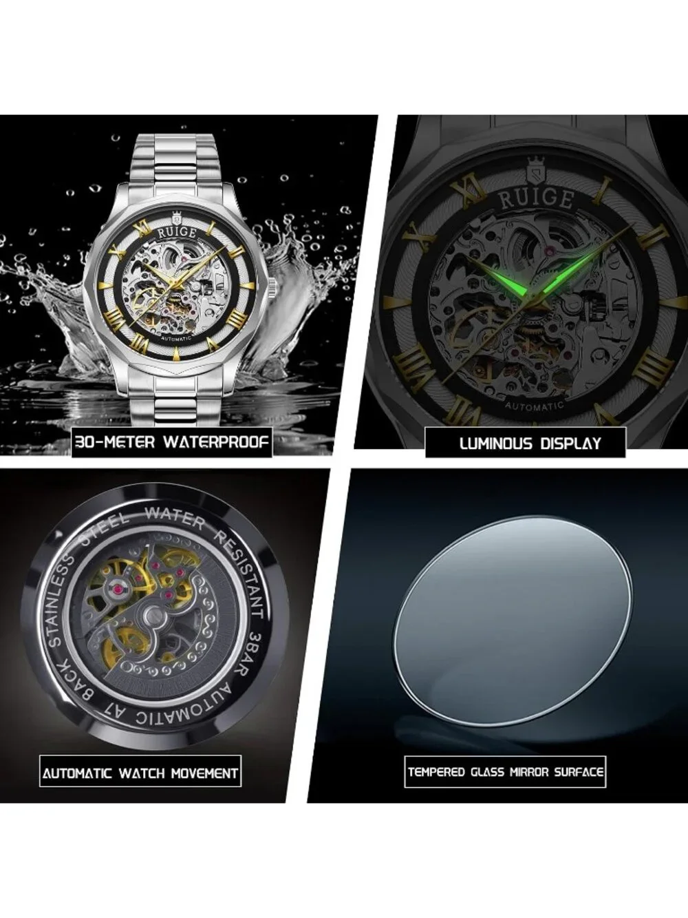 Men's Gold White Fully Automatic Stainless Steel Waterproof Fashion Trend Watch